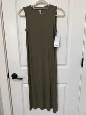 Kinesis olive green sleeveless midi dress, crewneck ribbed fitted silhouette XS